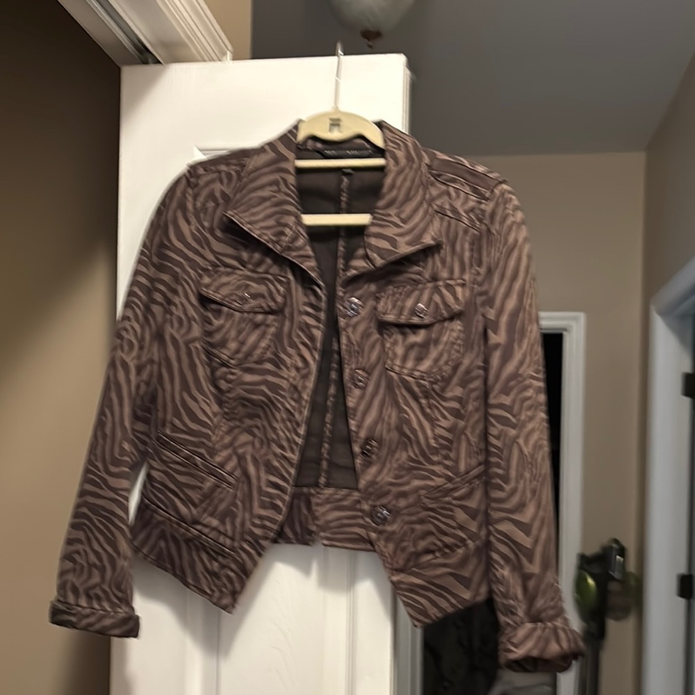 White House Black Market Brown Jean Jacket with Animal Print